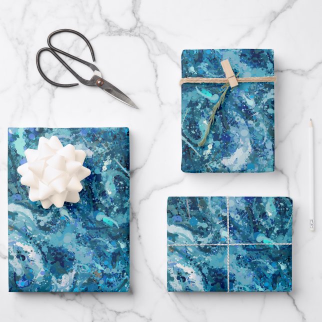 Feuille De Papier Cadeau Bleu Blanc Turquoise Mer vague Splash Abstraction (Recto)