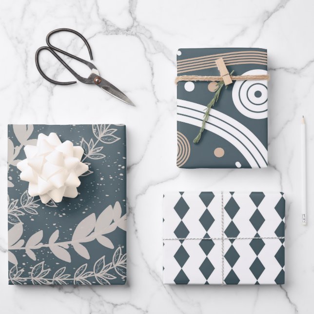 Feuille De Papier Cadeau Bleu bleu marine du milieu du siècle (Recto)