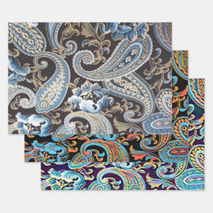 Feuille De Papier Cadeau Bleu Brown Vintage Paisley en trois couleurs