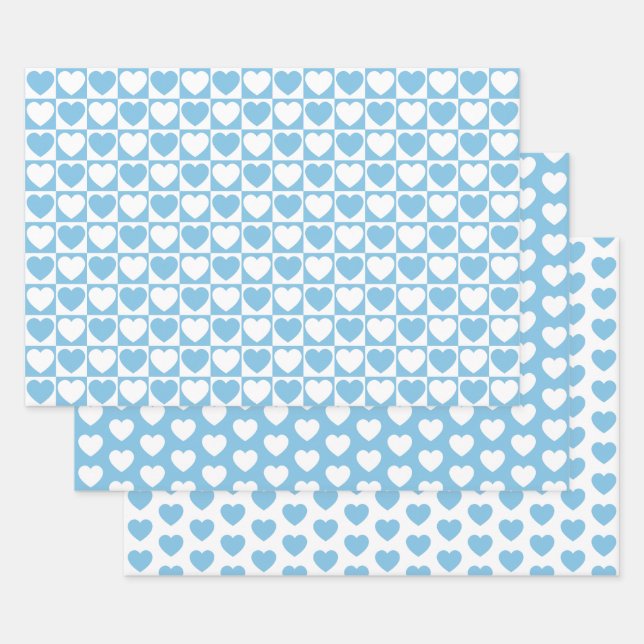 Feuille De Papier Cadeau Bleu clair et Coeurs blancs (Lot)