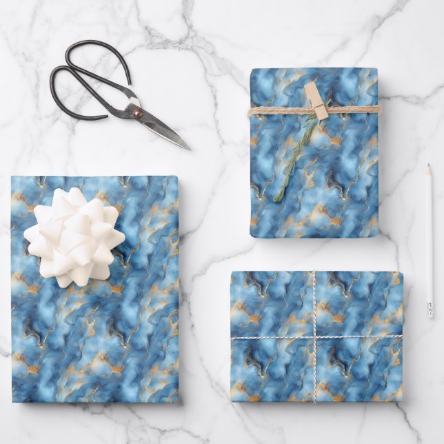 Feuille De Papier Cadeau Bleu clair et marbre doré (Recto)