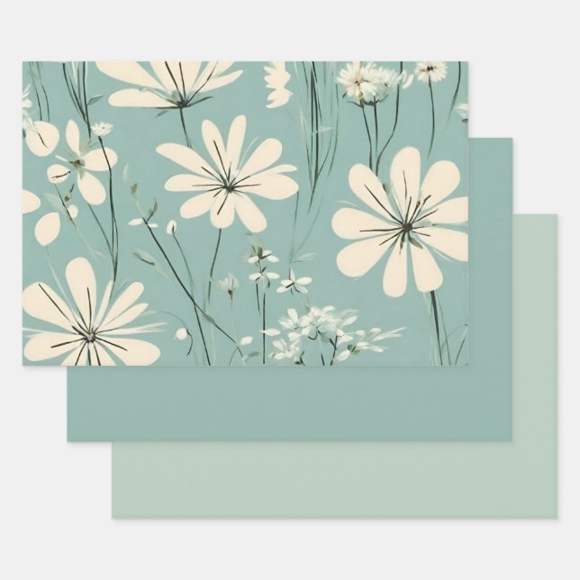 Feuille De Papier Cadeau Bleu clair Fleurs Super marguerites modernes (Lot)