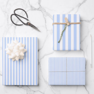 Feuille De Papier Cadeau Bleu Clair & Rayures Blanches