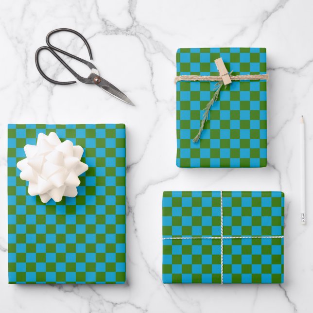 Feuille De Papier Cadeau Bleu Classique, Vert Foncé Plaid (Recto)