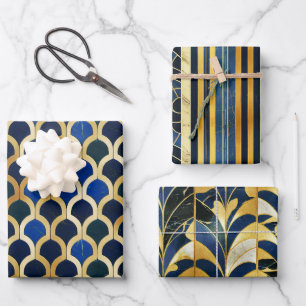 Feuille De Papier Cadeau Bleu cobalt et or motif marbré Art Déco