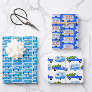 Feuille De Papier Cadeau Bleu coloré des Vacances des remorques Cute Xmas