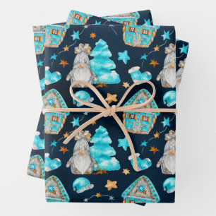Feuille De Papier Cadeau Bleu de Noël mignon Gnomes scandinaves