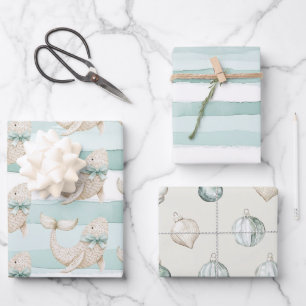 Feuille De Papier Cadeau Bleu de plage Blanc Baleine côtière Rayures Noël