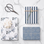Feuille De Papier Cadeau Bleu d'hiver multi-usage<br><div class="desc">Ces feuilles de papier d'emballage élégantes sont idéales pour toute l'année, avec différentes nuances de bleu et de gris, des flocons de neige, des arrangements de feuillage et des rayures. Parfait pour toutes vos occasions d'emballage de cadeaux, anniversaire, baptême, mariage, anniversaire de mariage, Noël, baby shower, et plus encore !...</div>