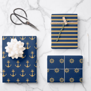 Feuille De Papier Cadeau Bleu d'or nautique Ancre Stripes Bateau Roue