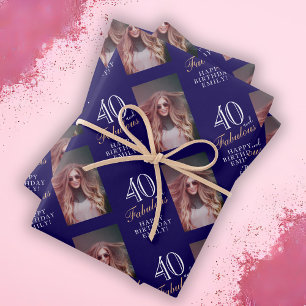 Feuille De Papier Cadeau Bleu Élégant 40 et Photo de 40e Anniversaire Fabul