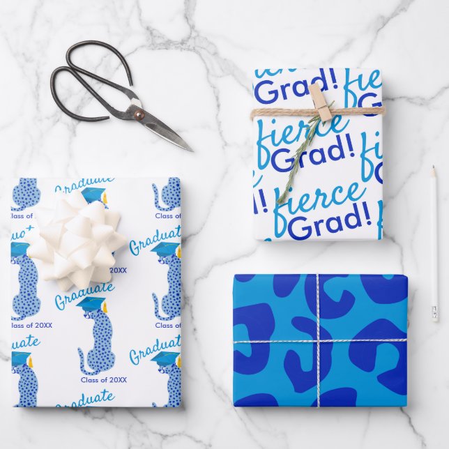 Feuille De Papier Cadeau Bleu Empreinte de léopard (Recto)