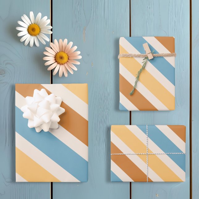 Feuille De Papier Cadeau Bleu et orange Diagonal Retro Stripes (Créateur téléchargé)
