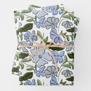 Feuille De Papier Cadeau Bleu et vert main tiré bloc floral Imprimer