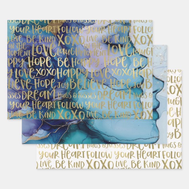 Feuille De Papier Cadeau Bleu Femme Face Or Citations Inspirationnelles (Lot)