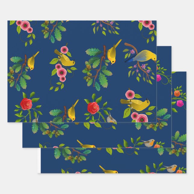 Feuille De Papier Cadeau Bleu Floral Bird Imprimer (Lot)