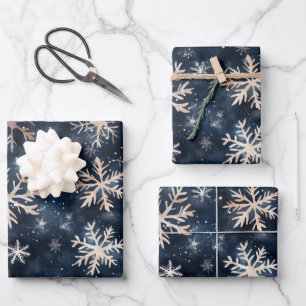 Feuille De Papier Cadeau Bleu foncé simple avec flocons de neige