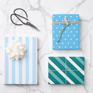 Feuille De Papier Cadeau Bleu frais, rayures et points blancs