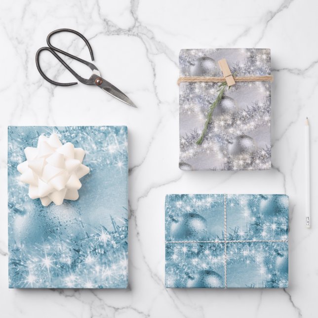 Feuille De Papier Cadeau Bleu glacé élégant et Bal de Noël argenté (Recto)