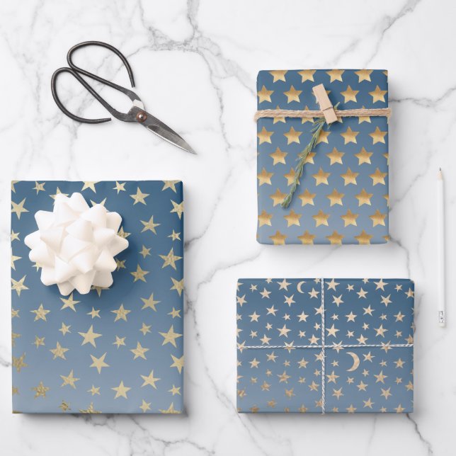 Feuille De Papier Cadeau Bleu Gold Stars (Recto)