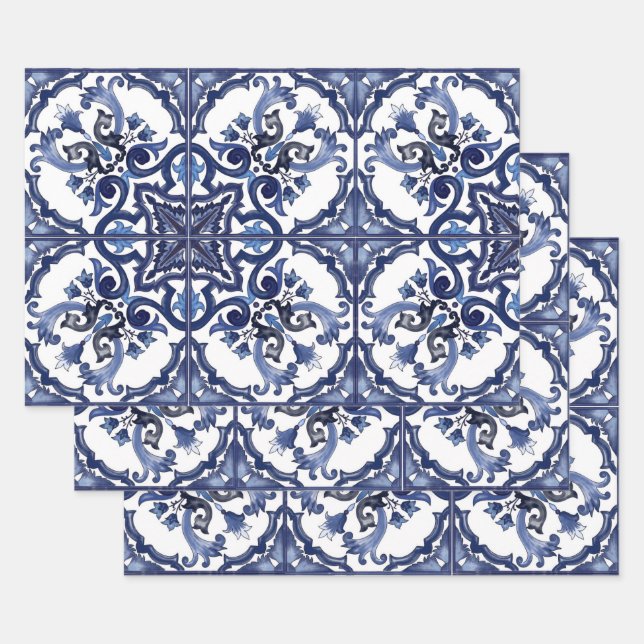 Feuille De Papier Cadeau Bleu italien et blanc Sicilien Majolica Mosaic (Lot)