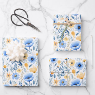 Feuille De Papier Cadeau Bleu Jaune Fleurs sauvages Boho Fête des mariées b
