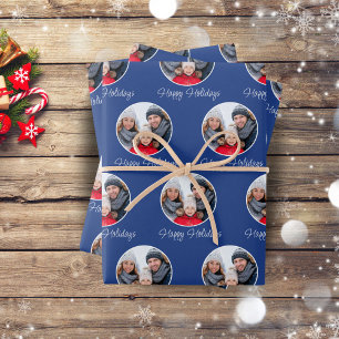 Feuille De Papier Cadeau Bleu Joyeuses Fêtes Famille Photo Noël