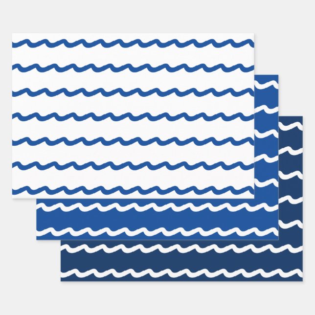 Feuille De Papier Cadeau Bleu marine blanc océan vagues motif moderne (Lot)