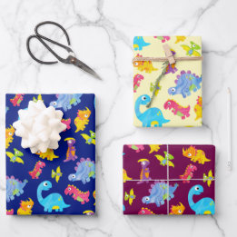 Feuille De Papier Cadeau Bleu Marine, Jaune & Dinosaure Violet Anniversaire