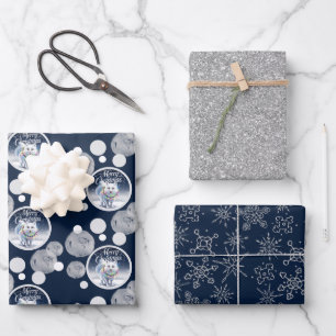 Feuille De Papier Cadeau Bleu mignon et argent Noël Neige Arctique Fox