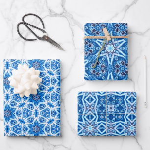 Feuille De Papier Cadeau Bleu neige, hiver fleuri et étoile motif