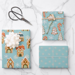 Feuille De Papier Cadeau Bleu Noël pain d'épices Cookies Snowflakes