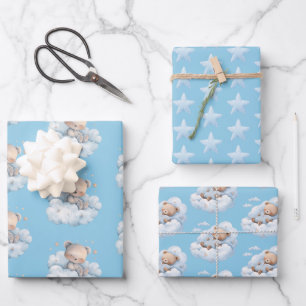 Feuille De Papier Cadeau Bleu Nounours et étoiles
