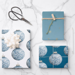 Feuille De Papier Cadeau Bleu Or Bleu Blanc Snowflakes Ornements