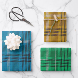 Feuille De Papier Cadeau Bleu, Or, Vert Plaid