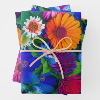 Feuille De Papier Cadeau Bleu orange coloré et Fleurs rouges