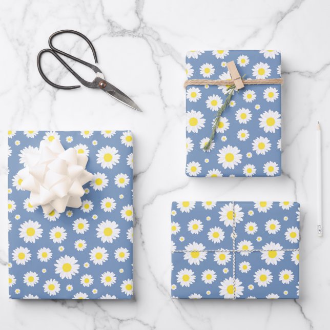 Feuille De Papier Cadeau Bleu pastel avec Motif marguerrier blanc jaune (Recto)