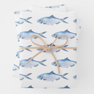 Feuille De Papier Cadeau Bleu Poisson Aquarelle Côtière
