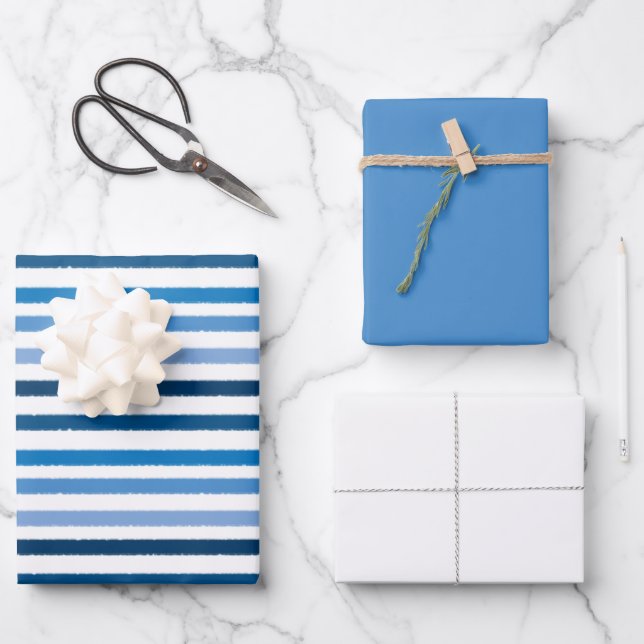 Feuille De Papier Cadeau Bleu rayé blanc (Recto)