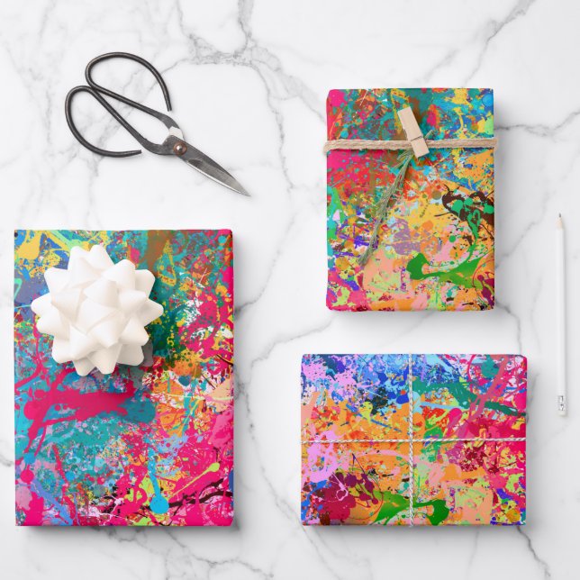 Feuille De Papier Cadeau Bleu Rouge Jaune Vert Rose Turquoise Splash Abstra (Recto)