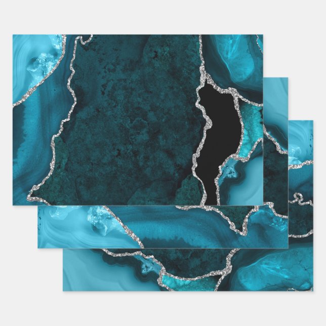 Feuille De Papier Cadeau Bleu sarcelle et agate à paillettes argentées (Lot)