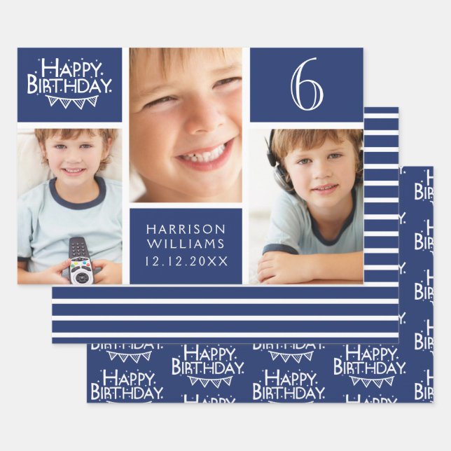 Feuille De Papier Cadeau Bleu tendance Collage photo Happy Birthday (Lot)