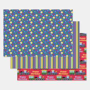 Feuille De Papier Cadeau Bleu Train Engine et Charbon Voiture Anniversaire