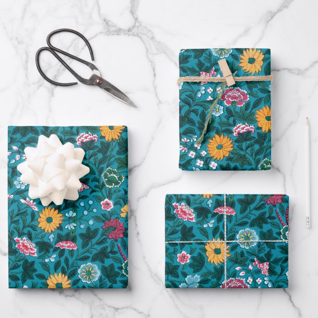 Feuille De Papier Cadeau Bleu Turquoise Vert Rouge rose Jaune Motif Floral (Recto)