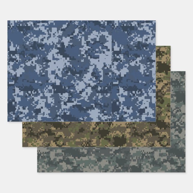 Feuille De Papier Cadeau Bleu, vert et camouflage pixel 3 vert gris (Lot)