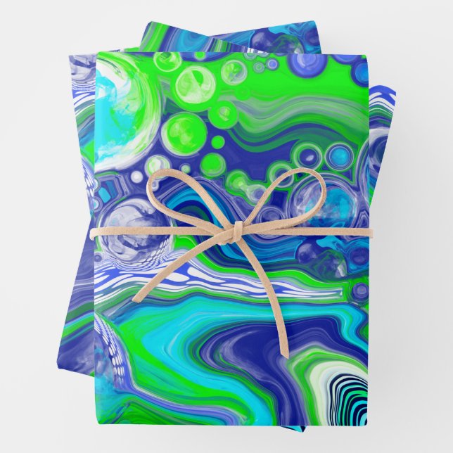 Feuille De Papier Cadeau Bleu vert Marbre tourbillons Anniversaire ou baby  (En situation)
