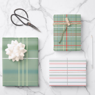 Feuille De Papier Cadeau Bleu, vert, rouge et blanc rayures et plaid