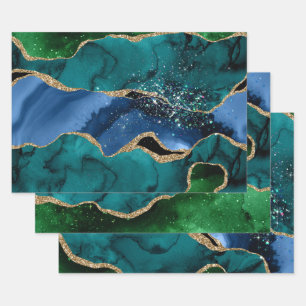 Feuille De Papier Cadeau Bleu, Vert & Sarcelle & Paillettes d'Or Agate Paon