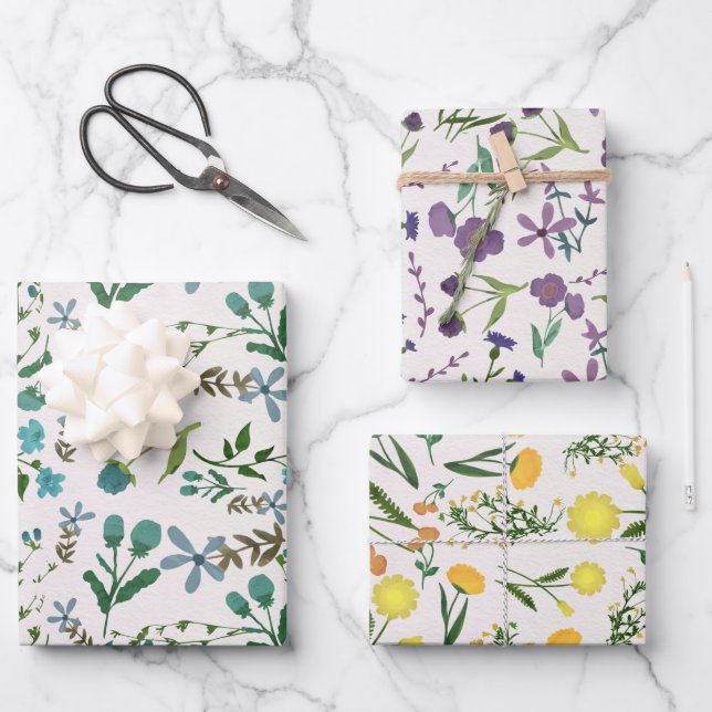 Feuille De Papier Cadeau Bleu Vert Violet Orange Jaune Aquarelle Florale (Recto)