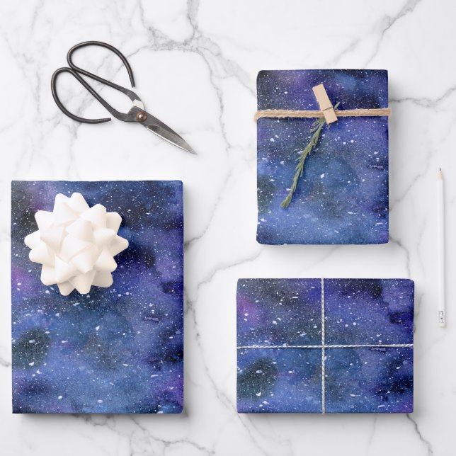 Feuille De Papier Cadeau Bleu violet majestueux étoile Nebula Aquarelle (Recto)